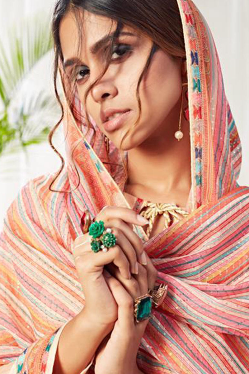 Peach Printed Cotton Suit Set with Mustard Pant & Multicolor Dupatta