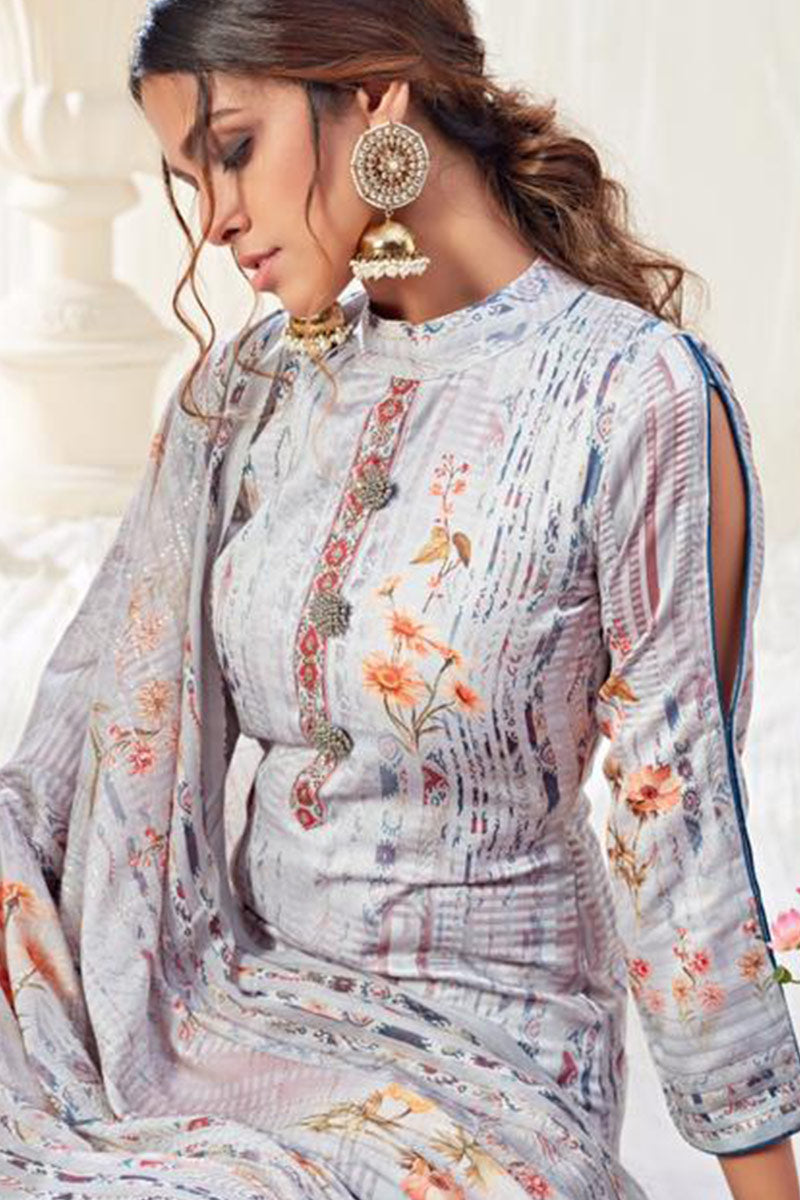 Light Grey Printed Cotton Straight Suit with Blue Pant & Dupatta  Women’s Ethnic Daily Wear