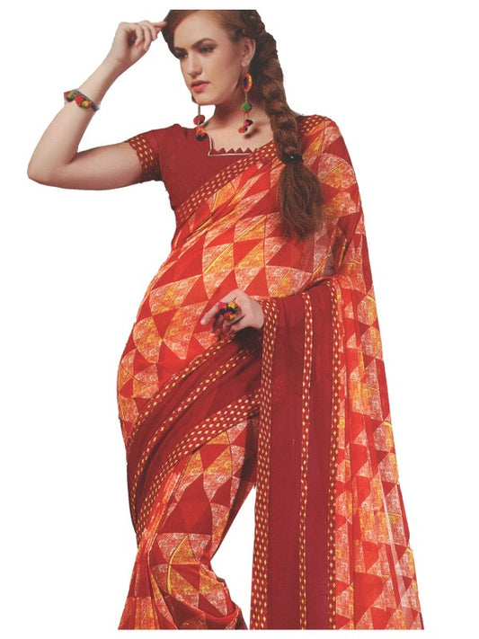 Georgette Digital Printed Saree With Blouse Red