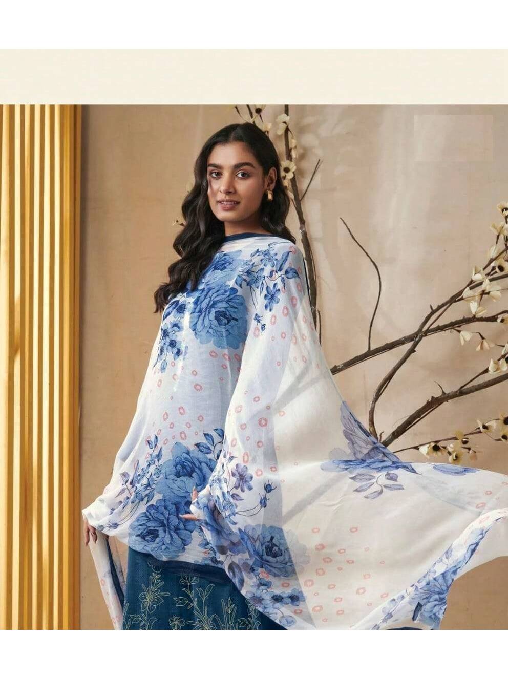 Readymade Festive Wear Dark Blue Cotton Pant Style Set with Foil Print and Organza Patta