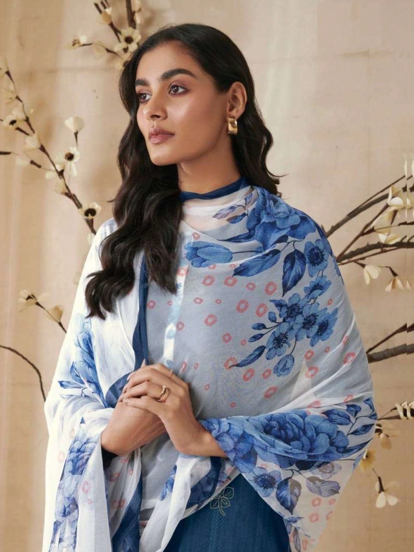 Readymade Festive Wear Dark Blue Cotton Pant Style Set with Foil Print and Organza Patta