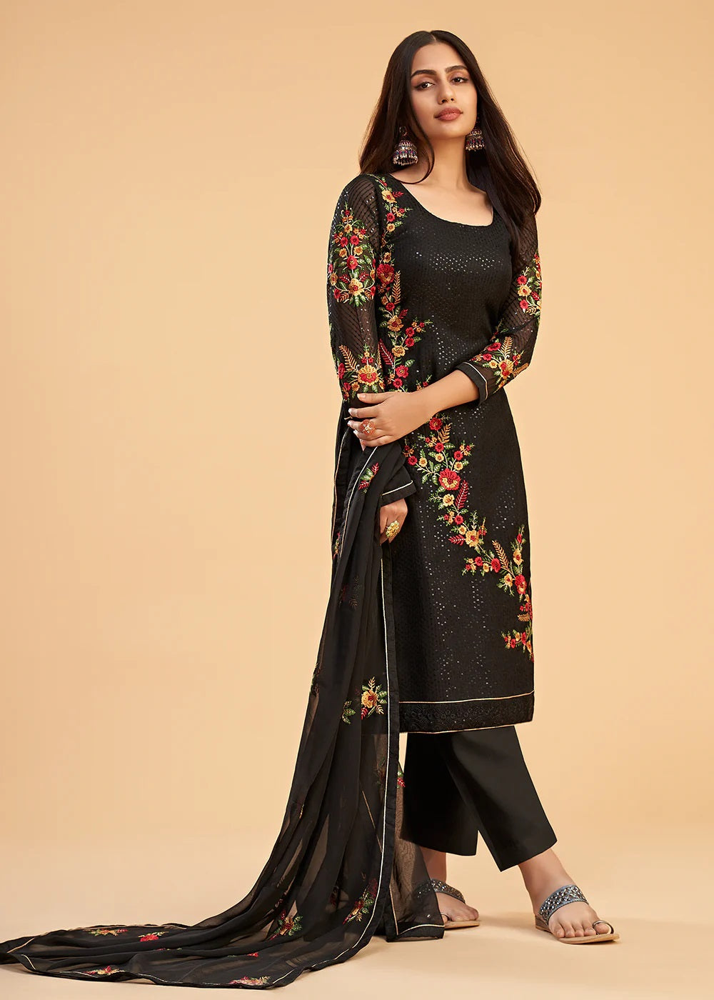Black Embroidered Georgette Pant Suit for Women Indian Party & Wedding Wear with Dupatta