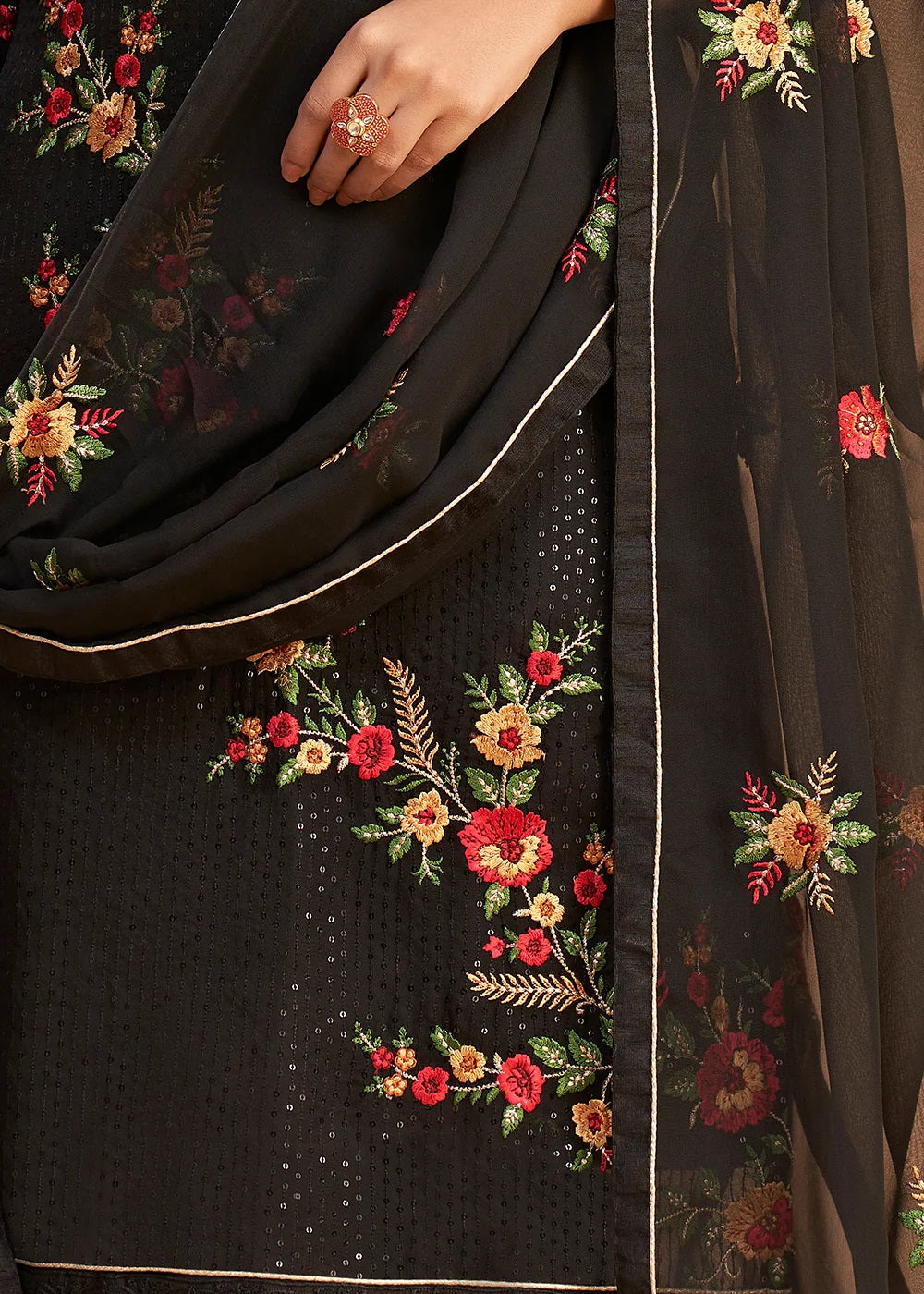 Black Embroidered Georgette Pant Suit for Women Indian Party & Wedding Wear with Dupatta