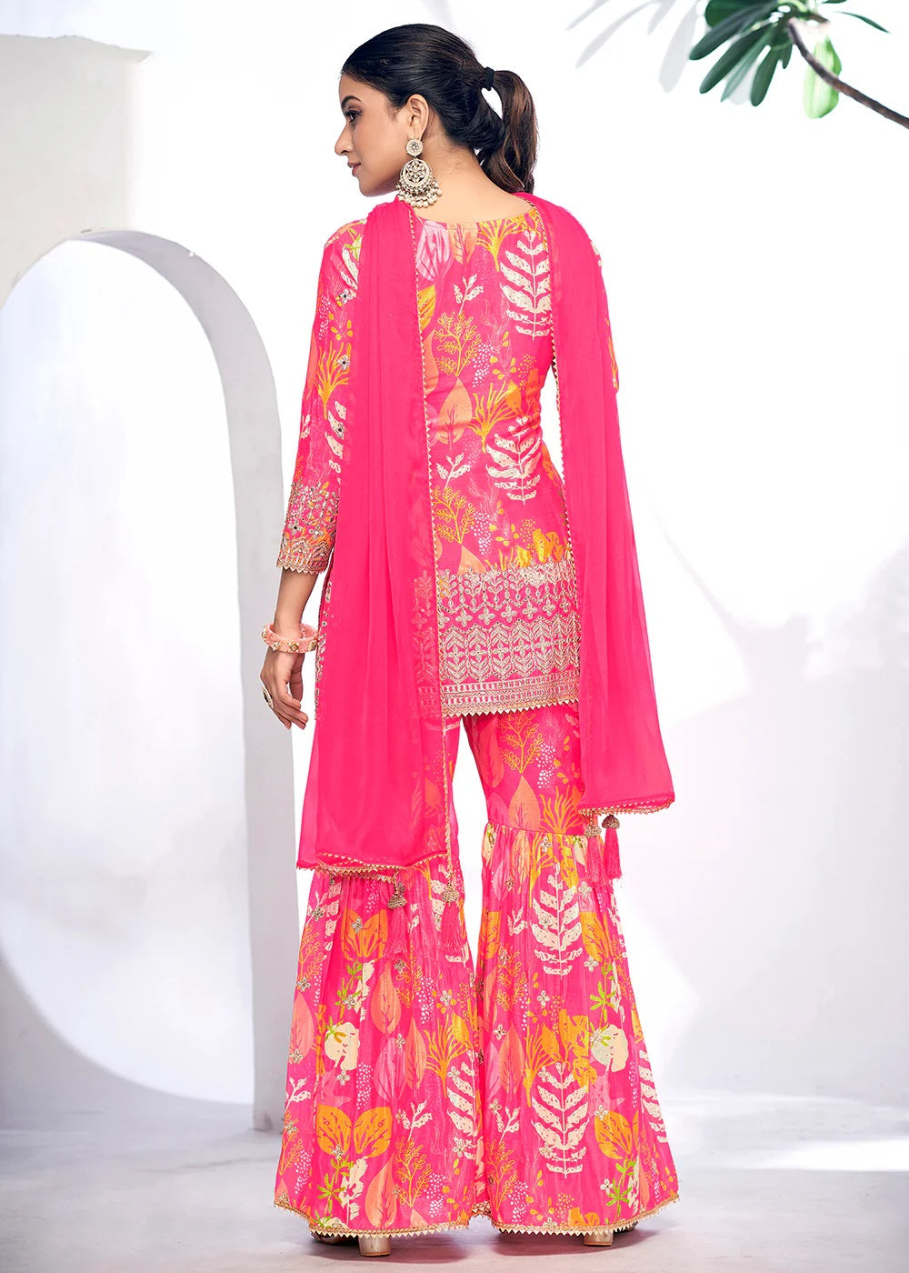Graceful Glam Pink Embroidered & Printed Chinnon Silk Gharara Suit
