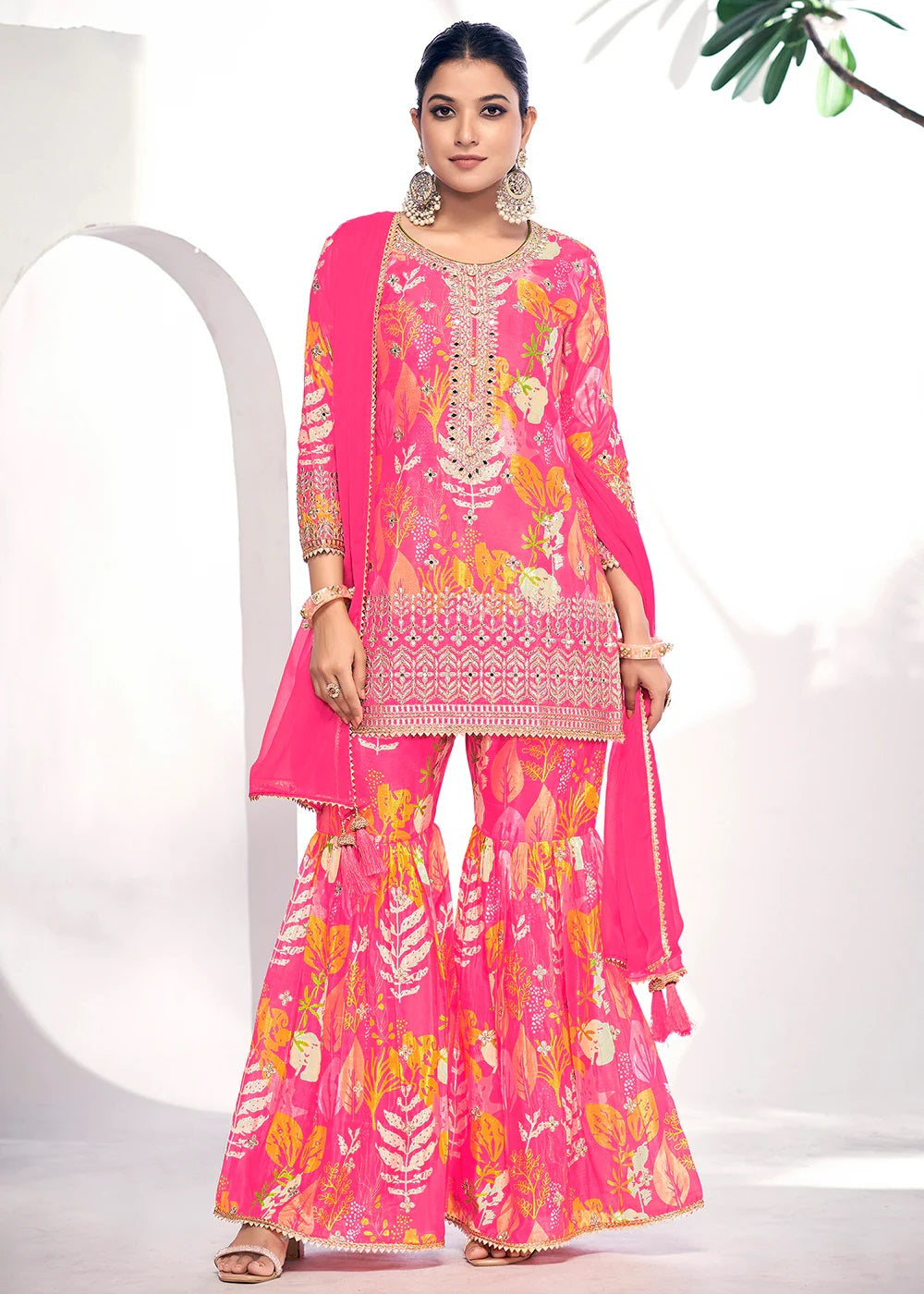 Graceful Glam Pink Embroidered & Printed Chinnon Silk Gharara Suit