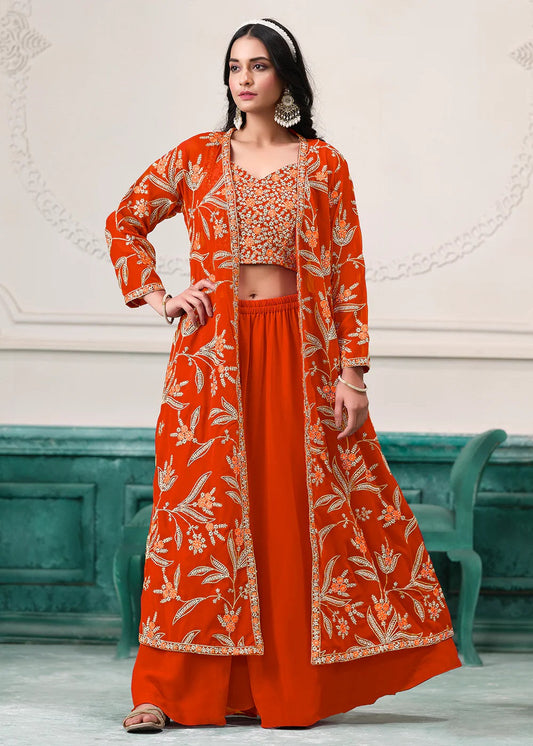 Indo-Western Orange Embroidered Jacket Style Sharara Suit