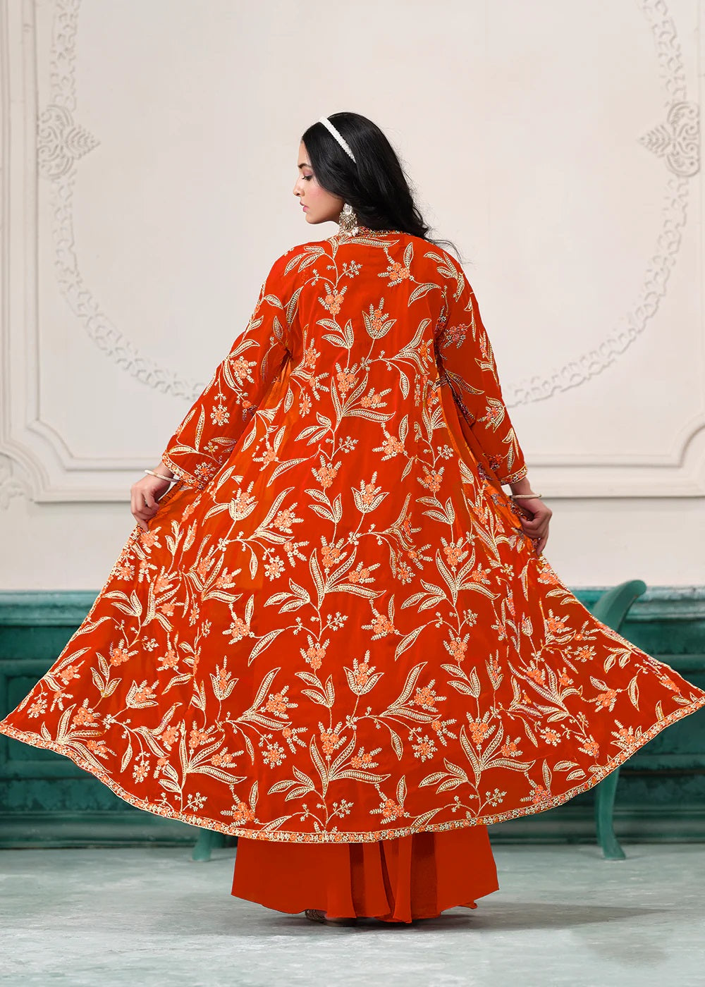 Indo-Western Orange Embroidered Jacket Style Sharara Suit