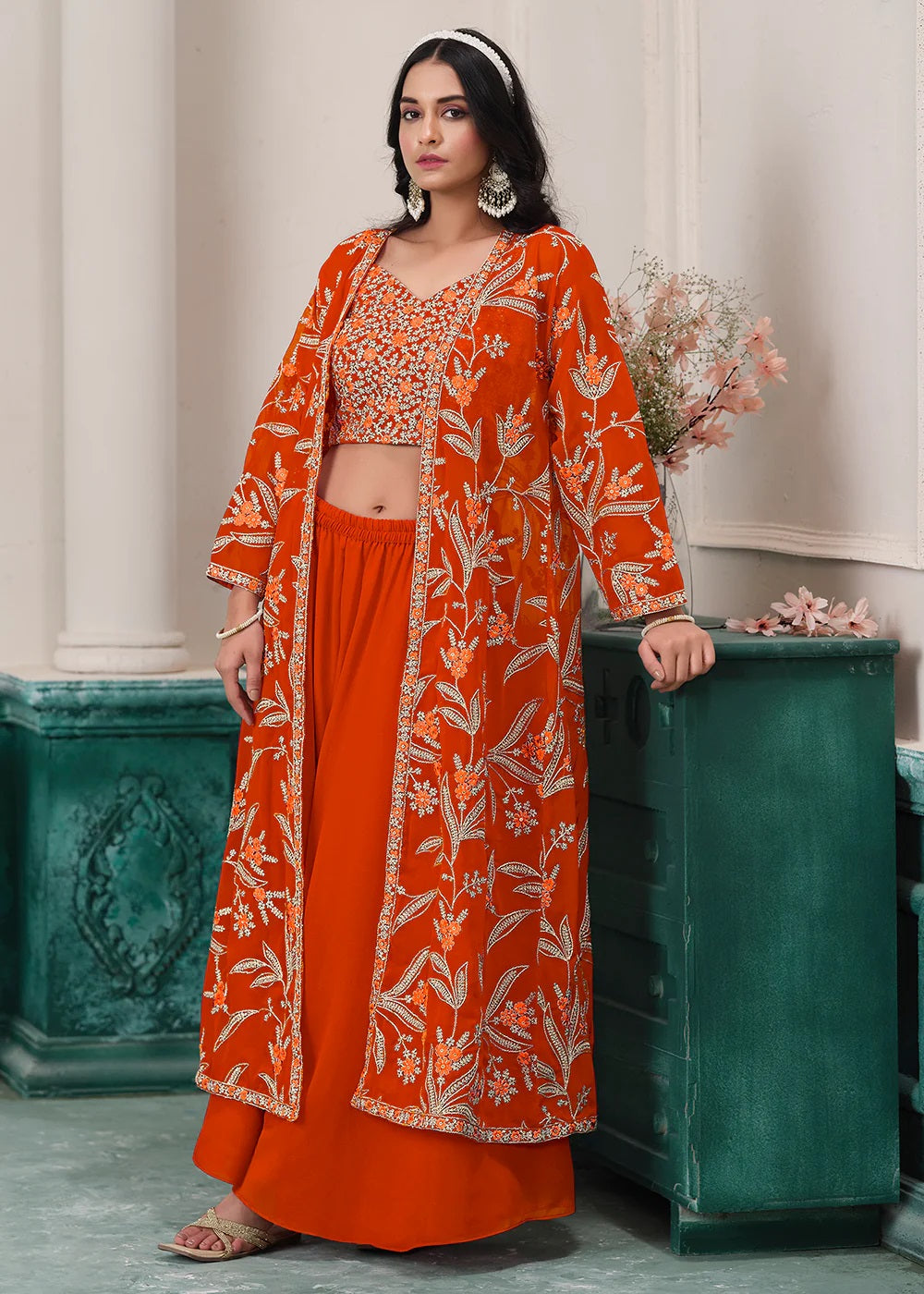 Indo-Western Orange Embroidered Jacket Style Sharara Suit