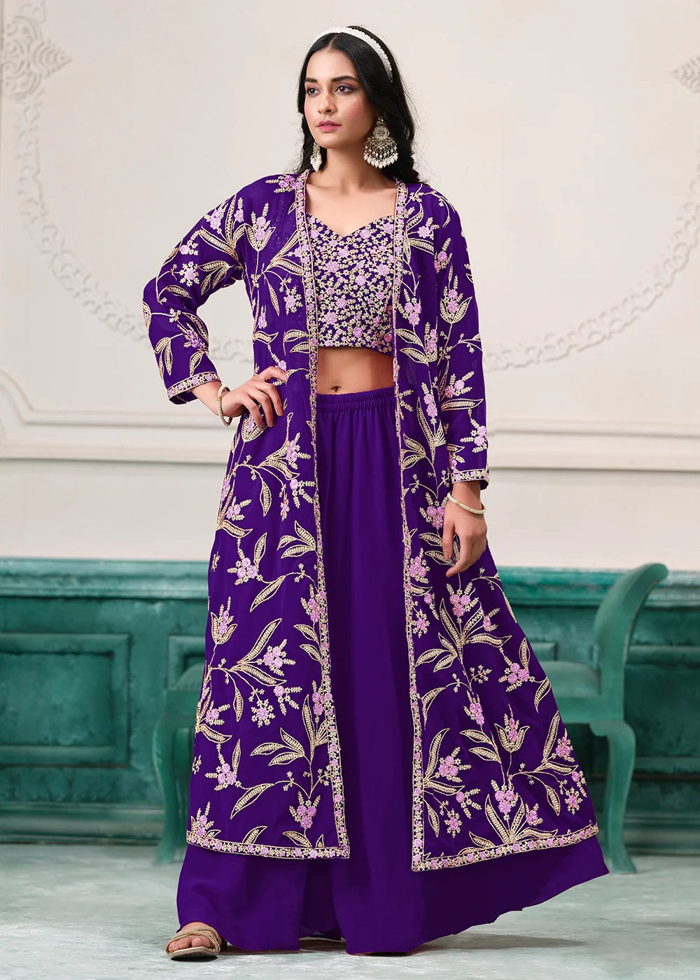Purple Indo-Western Embroidered Jacket Style Sharara Suit