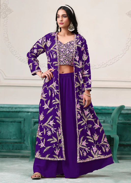 Purple Indo-Western Embroidered Jacket Style Sharara Suit