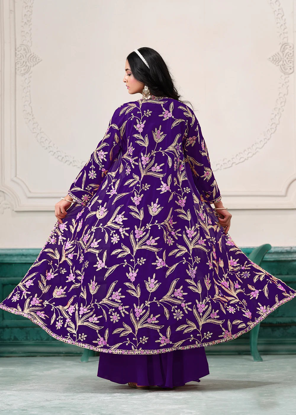 Purple Indo-Western Embroidered Jacket Style Sharara Suit