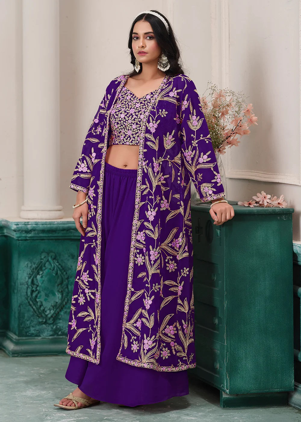 Purple Indo-Western Embroidered Jacket Style Sharara Suit