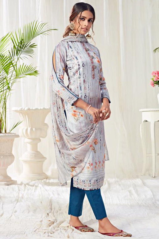 Light Grey Printed Cotton Straight Suit with Blue Pant & Dupatta  Women’s Ethnic Daily Wear