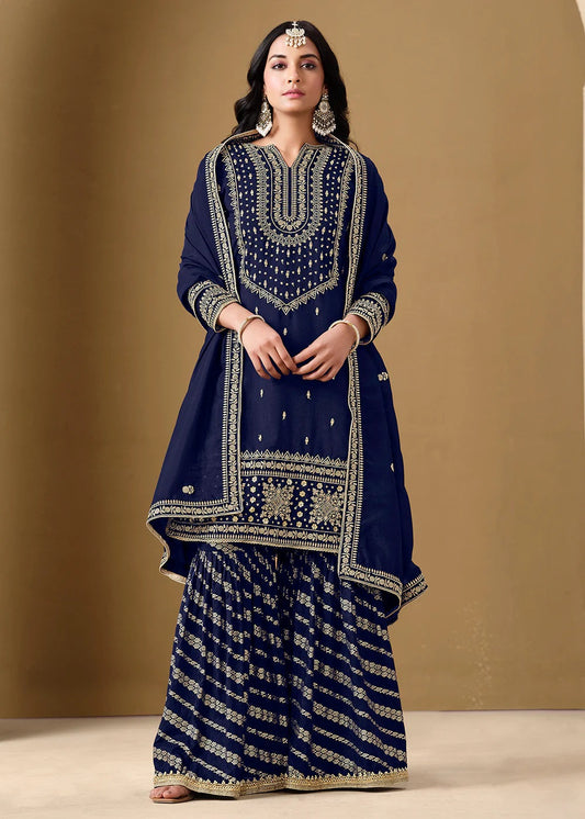 Navy Blue Embroidered Art Silk Gharara Style Suit