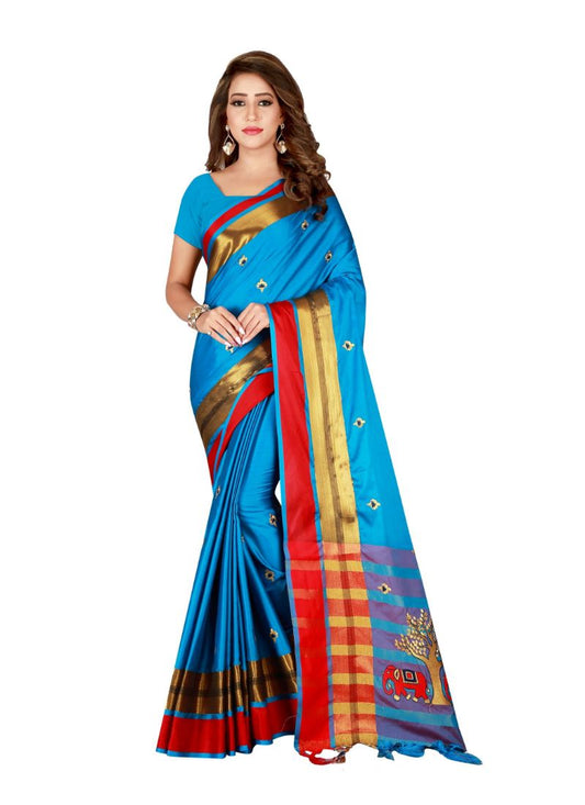 Generic Women's Cotton Blend Saree with Blouse