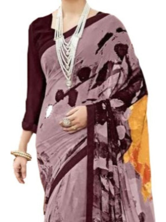 Georgette Digital Printed Saree With Blouse-Dusty
