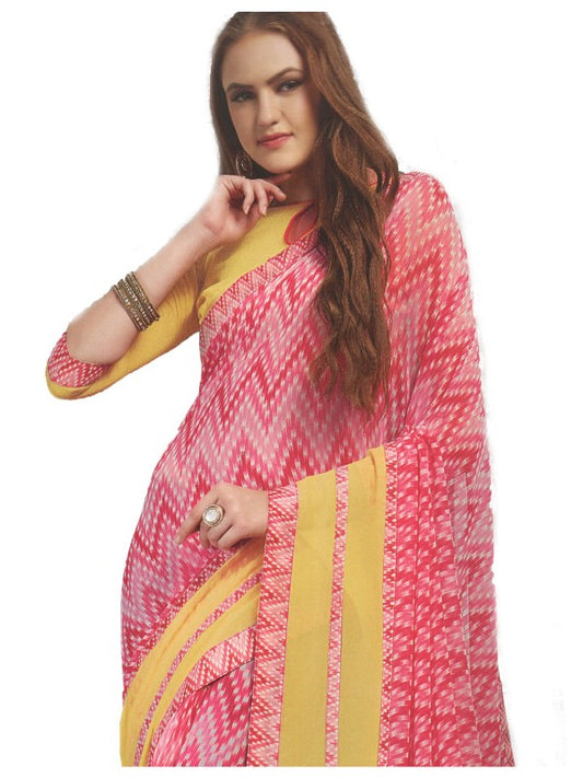 Georgette Digital Printed Saree With Blouse  Pink