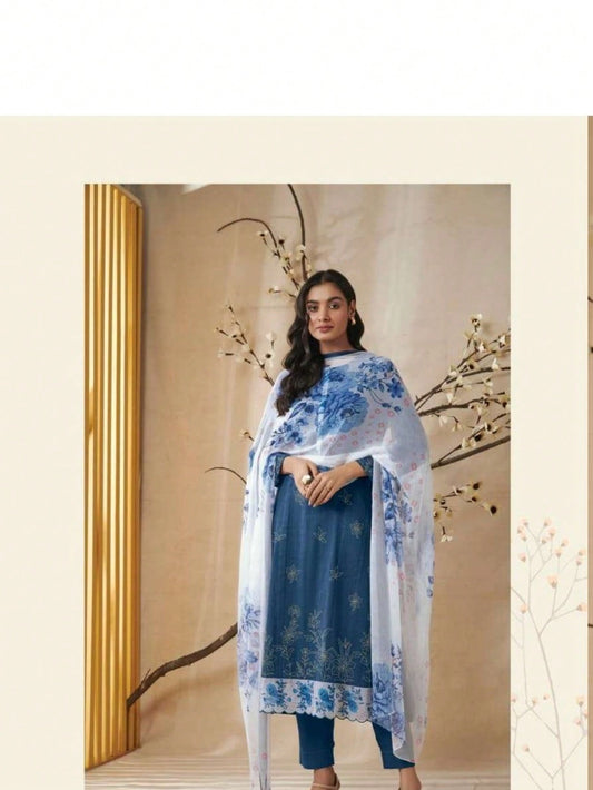 Readymade Festive Wear Dark Blue Cotton Pant Style Set with Foil Print and Organza Patta