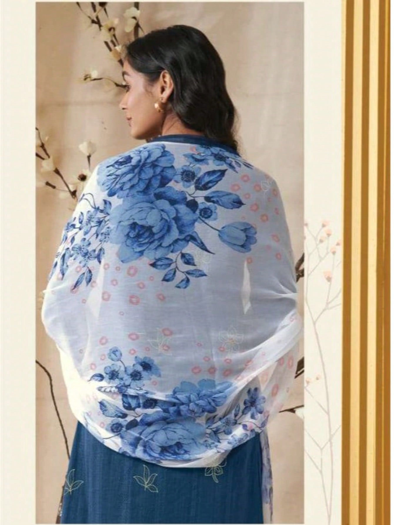 Readymade Festive Wear Dark Blue Cotton Pant Style Set with Foil Print and Organza Patta