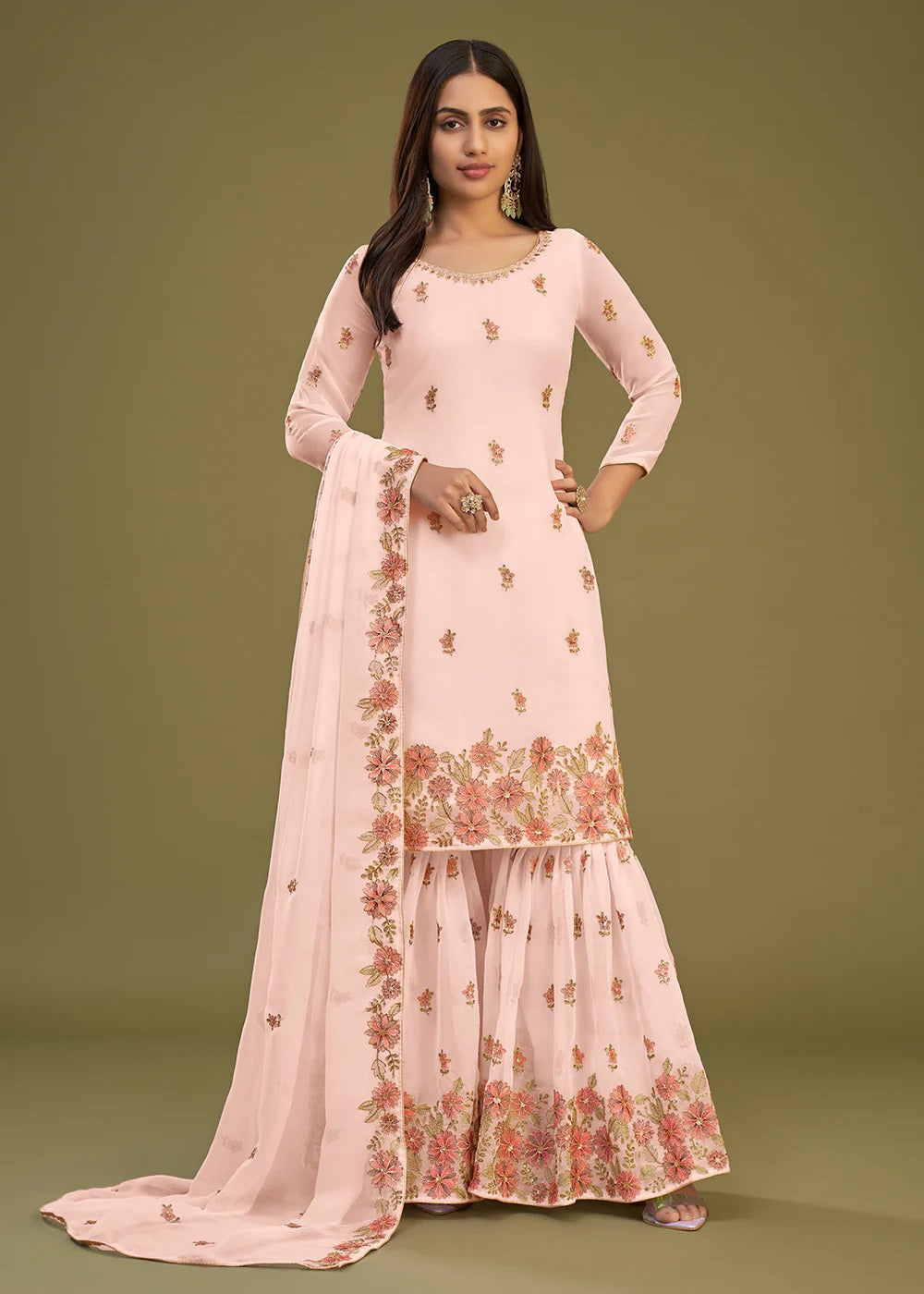 Salmon Peach Georgette Embroidered Gharara Suit