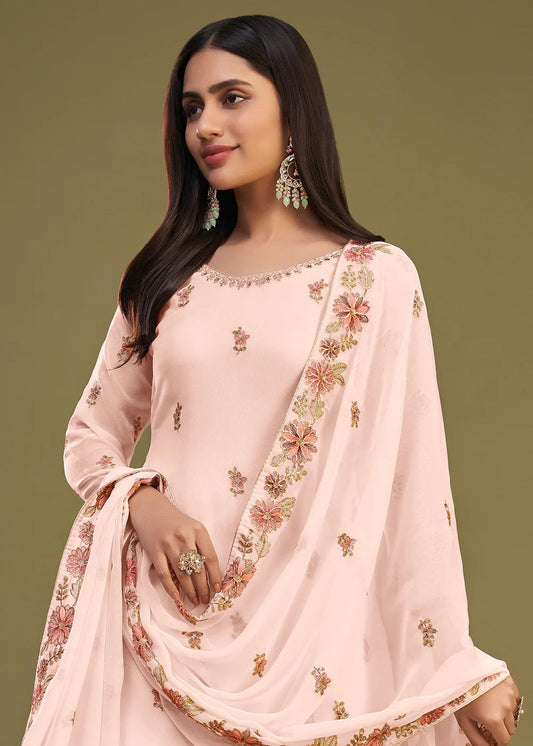Salmon Peach Georgette Embroidered Gharara Suit