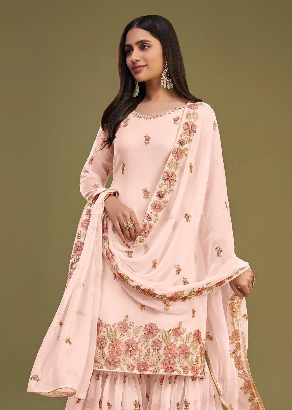 Salmon Peach Georgette Embroidered Gharara Suit