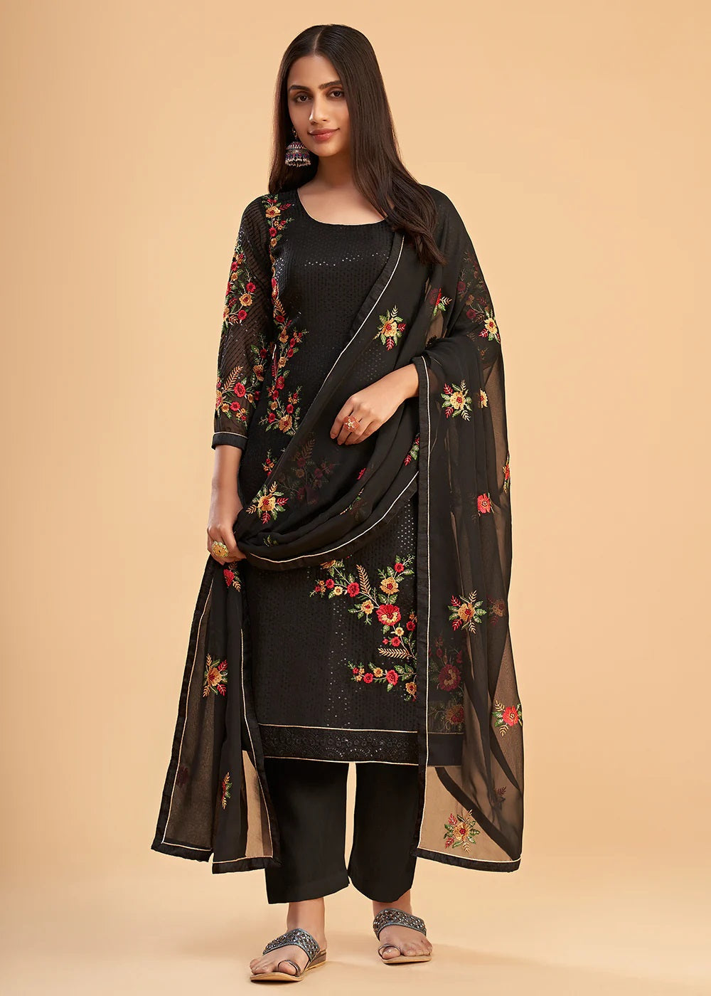 Black Embroidered Georgette Pant Suit for Women Indian Party & Wedding Wear with Dupatta