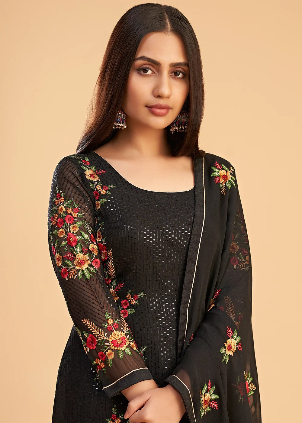 Black Embroidered Georgette Pant Suit for Women Indian Party & Wedding Wear with Dupatta