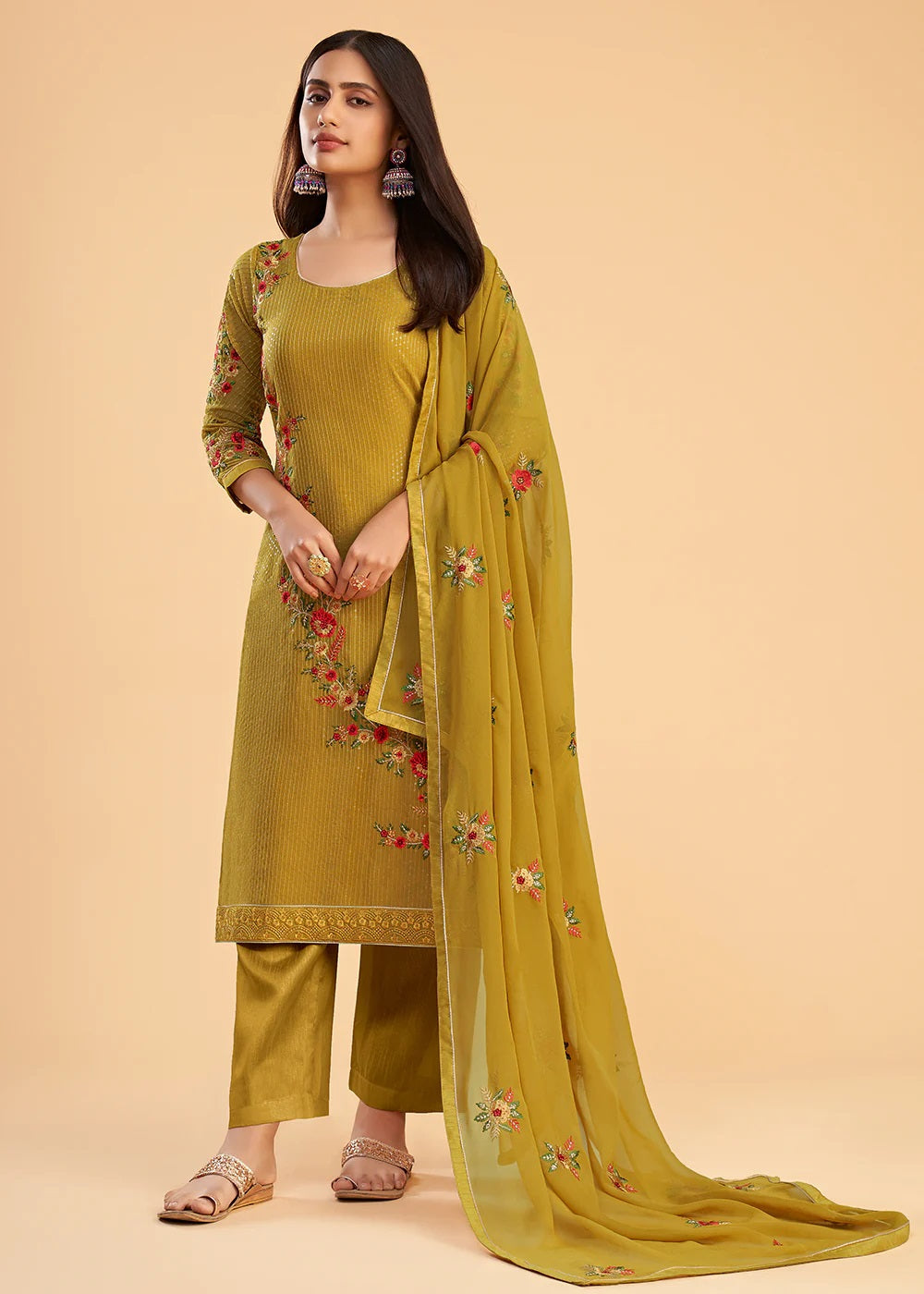 Mustard Yellow Embroidered Georgette Pant Suit for Women  Indian Wedding & Party Wear with Dupatta