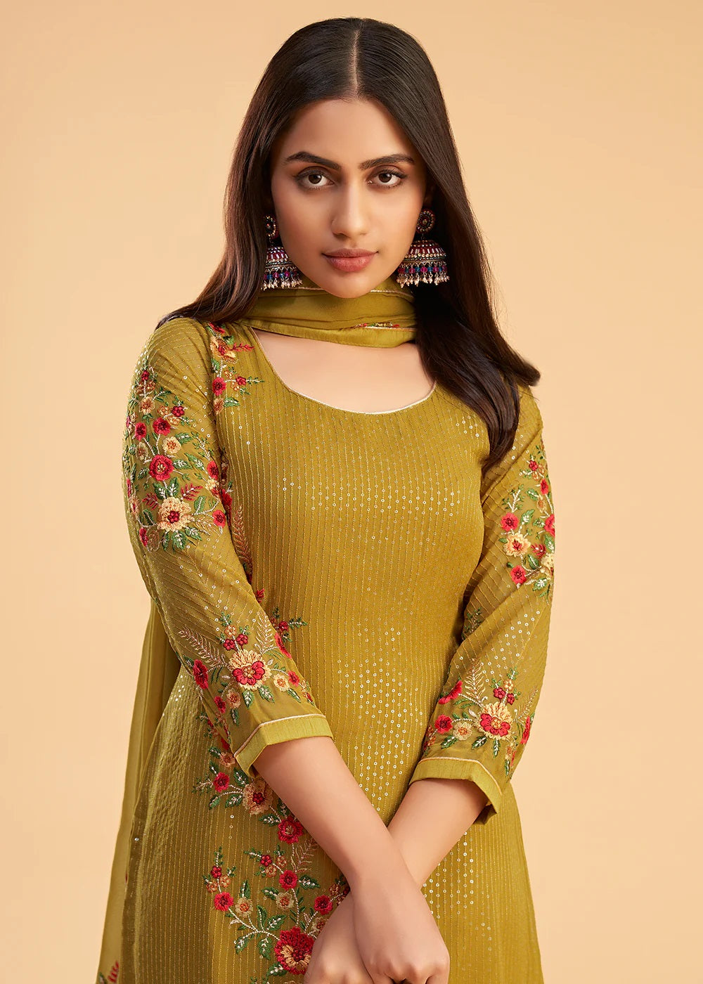 Mustard Yellow Embroidered Georgette Pant Suit for Women  Indian Wedding & Party Wear with Dupatta