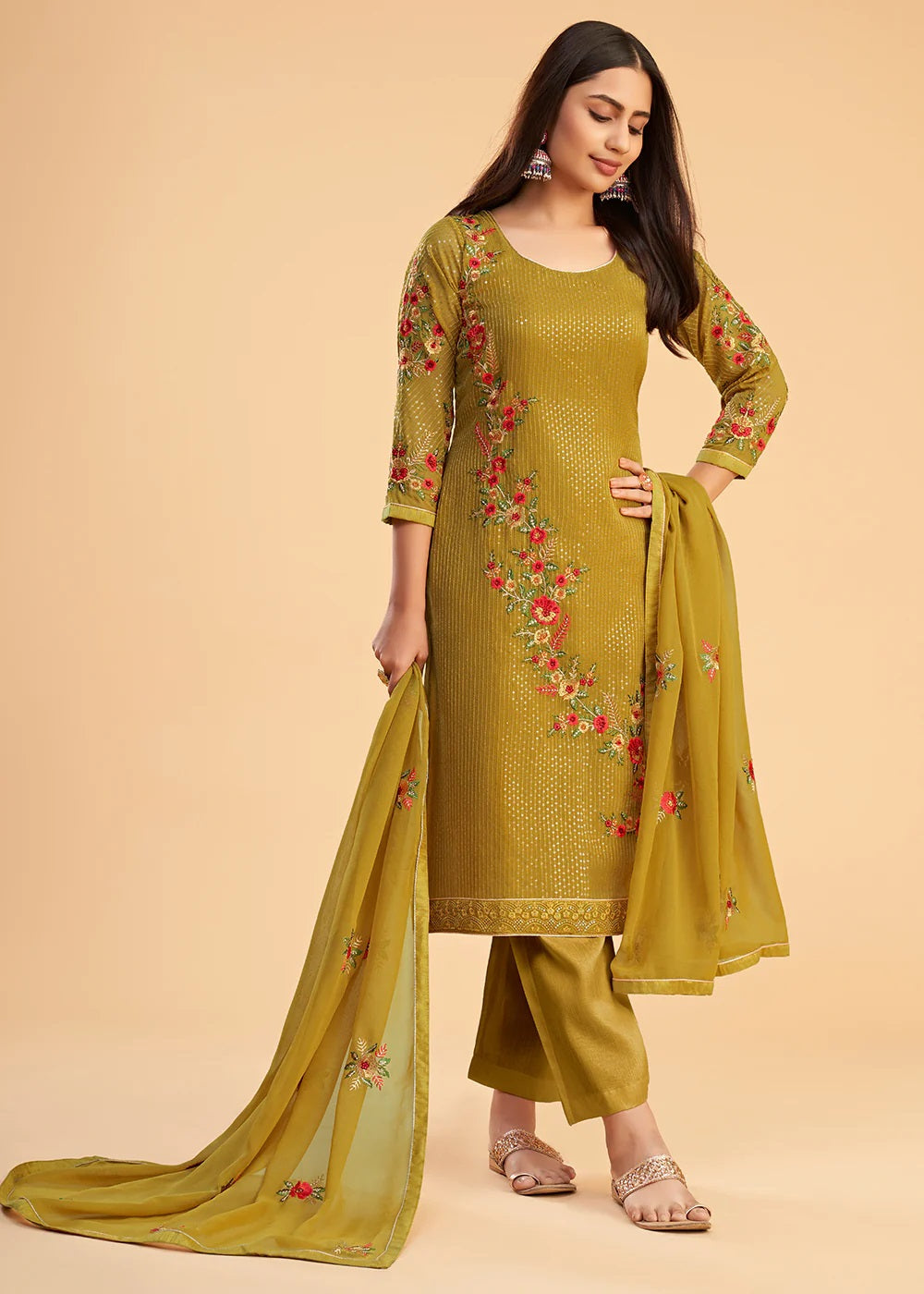 Mustard Yellow Embroidered Georgette Pant Suit for Women  Indian Wedding & Party Wear with Dupatta