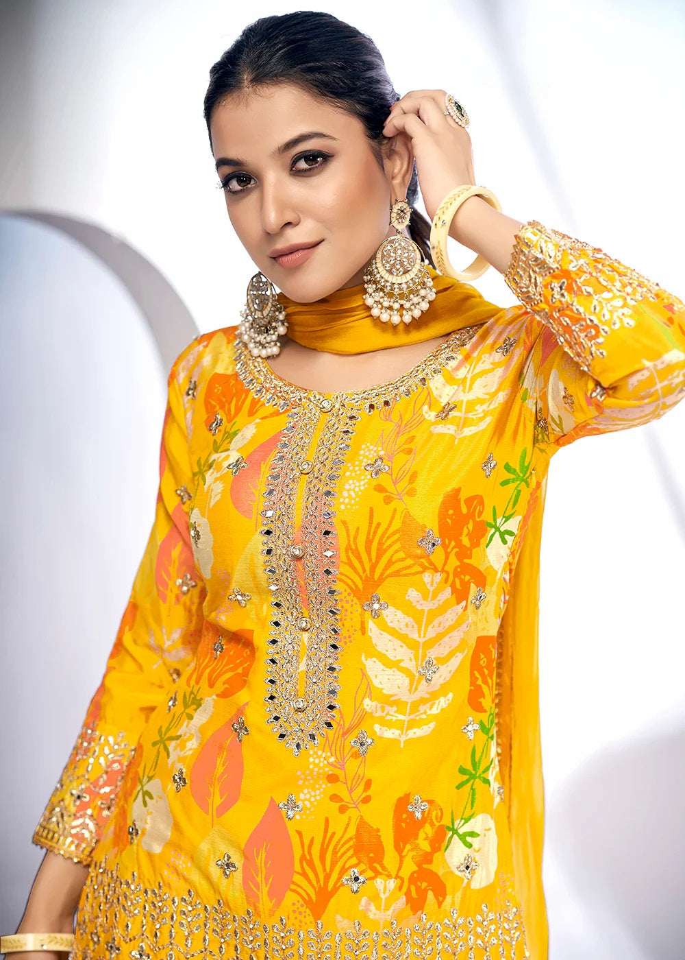 Golden Glow Maize Yellow Embroidered & Printed Chinnon Silk Gharara Suit