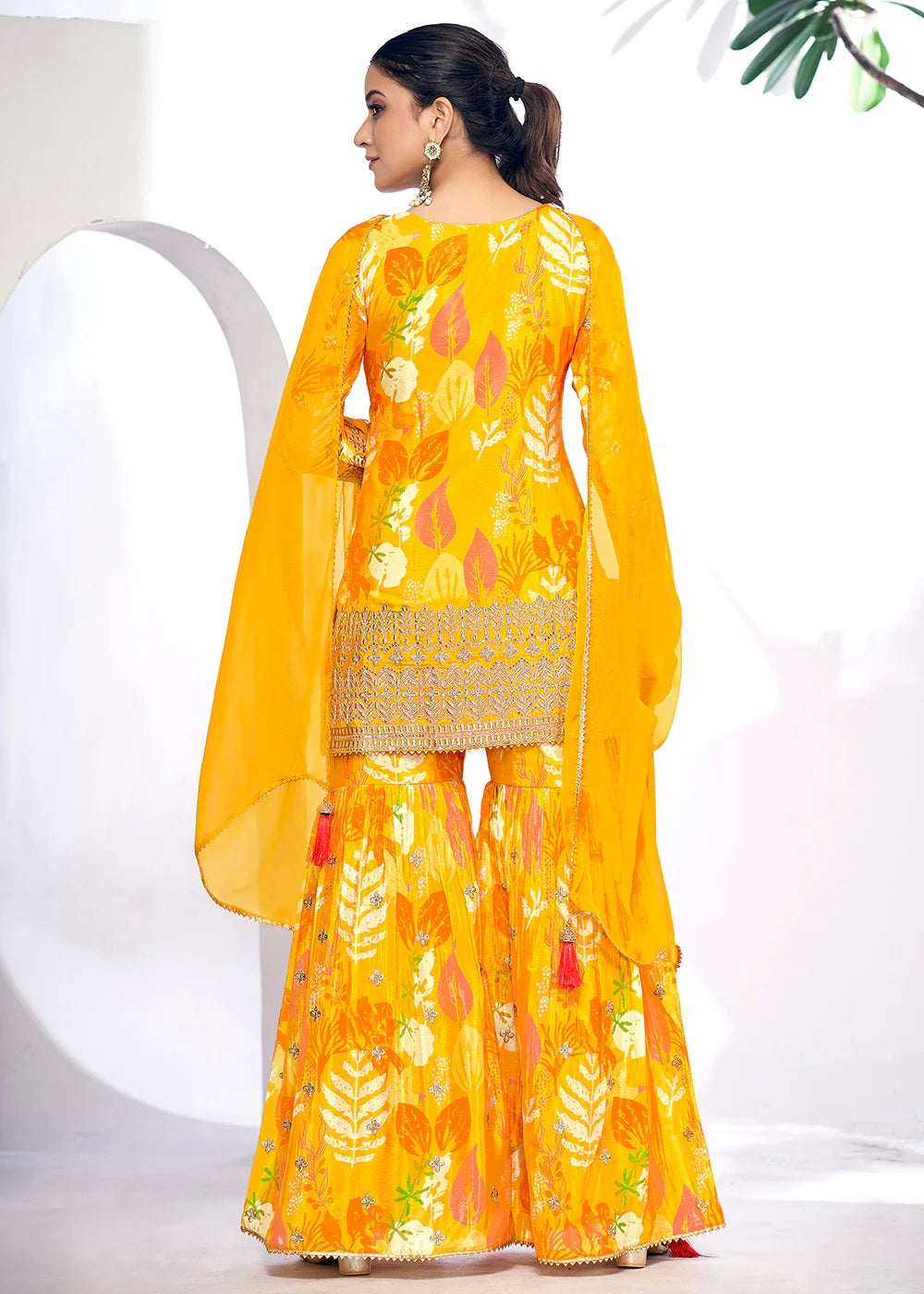 Golden Glow Maize Yellow Embroidered & Printed Chinnon Silk Gharara Suit
