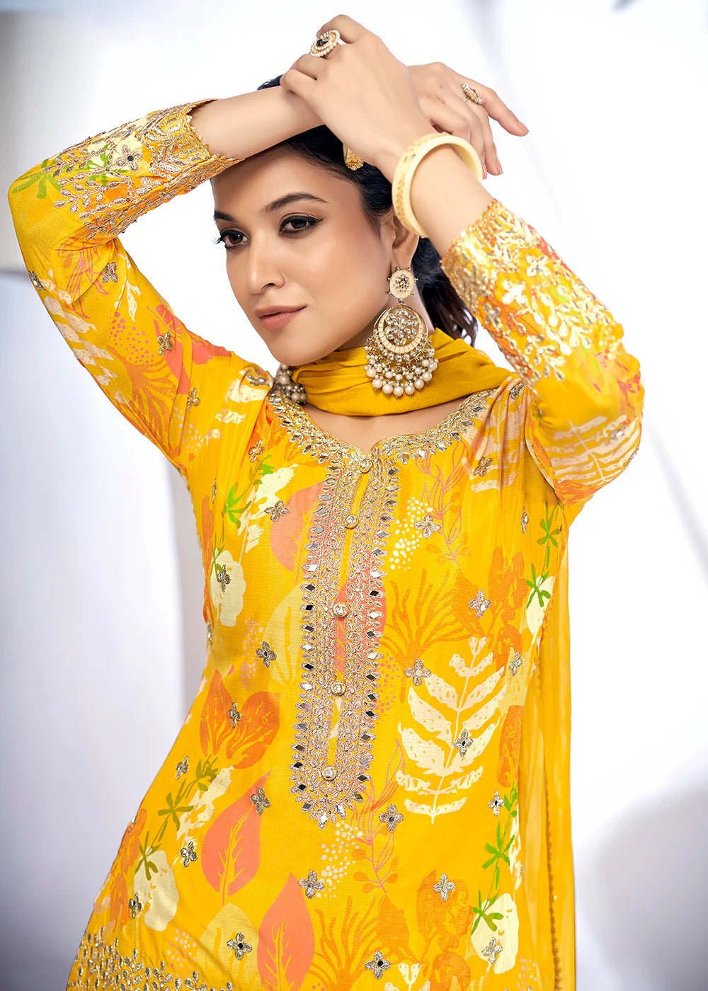 Golden Glow Maize Yellow Embroidered & Printed Chinnon Silk Gharara Suit