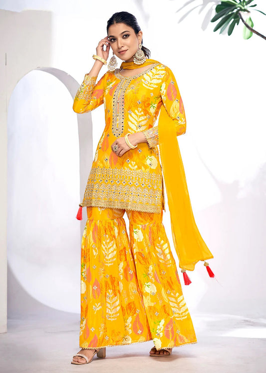Golden Glow Maize Yellow Embroidered & Printed Chinnon Silk Gharara Suit