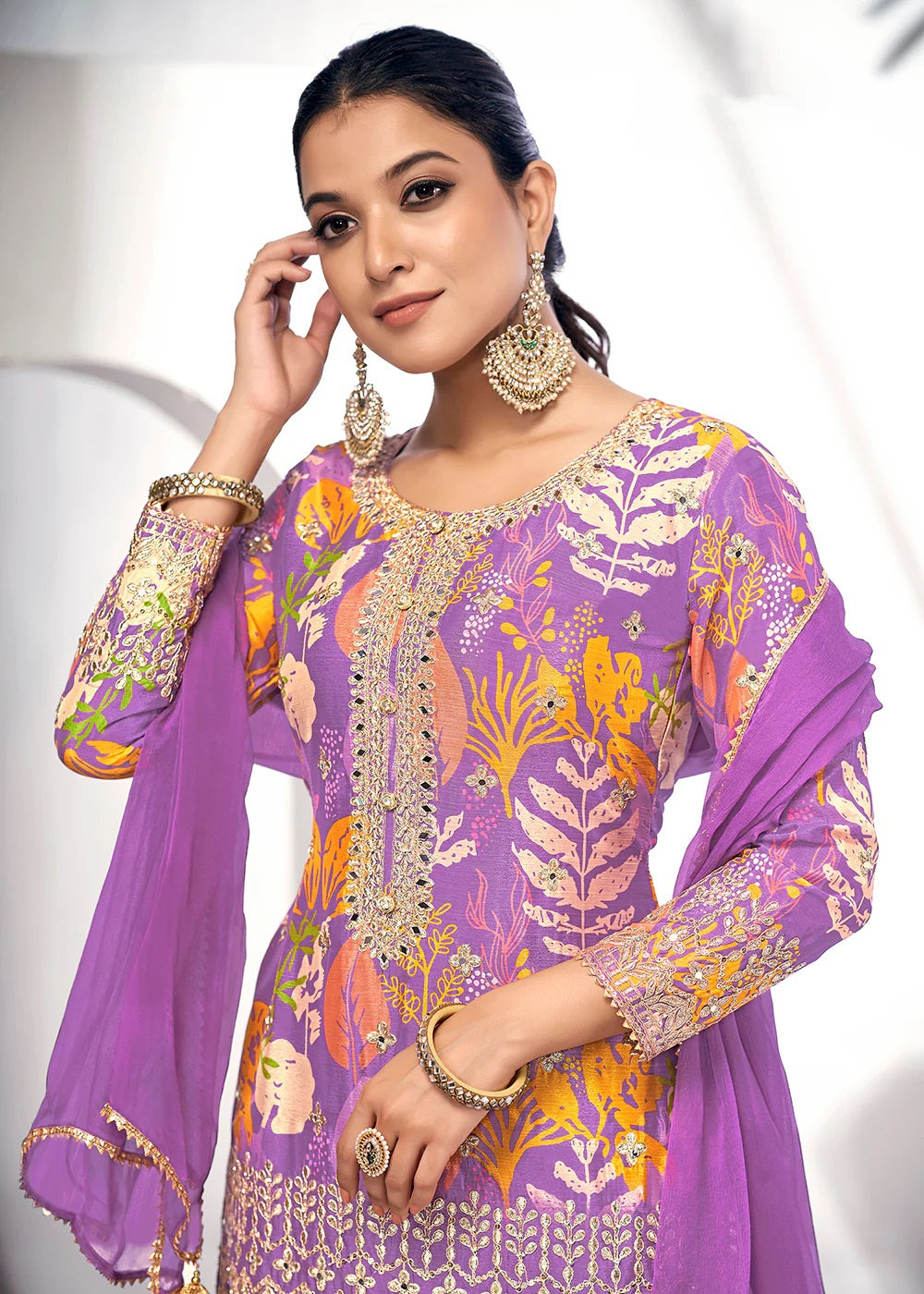 Purple Embroidered & Printed Chinnon Silk Gharara Suit