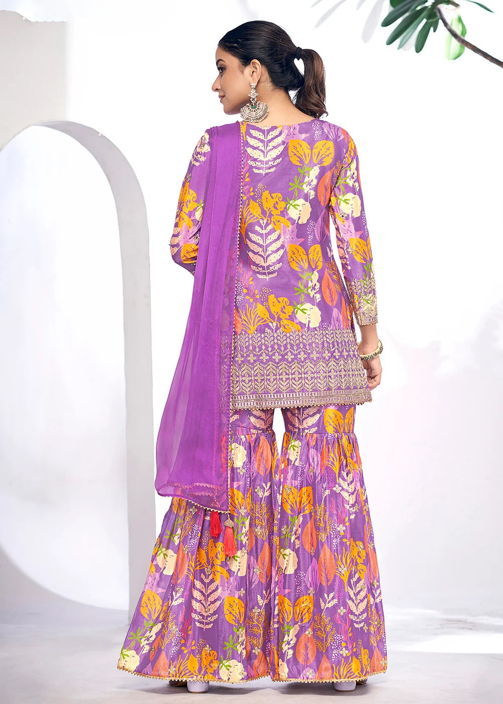 Purple Embroidered & Printed Chinnon Silk Gharara Suit