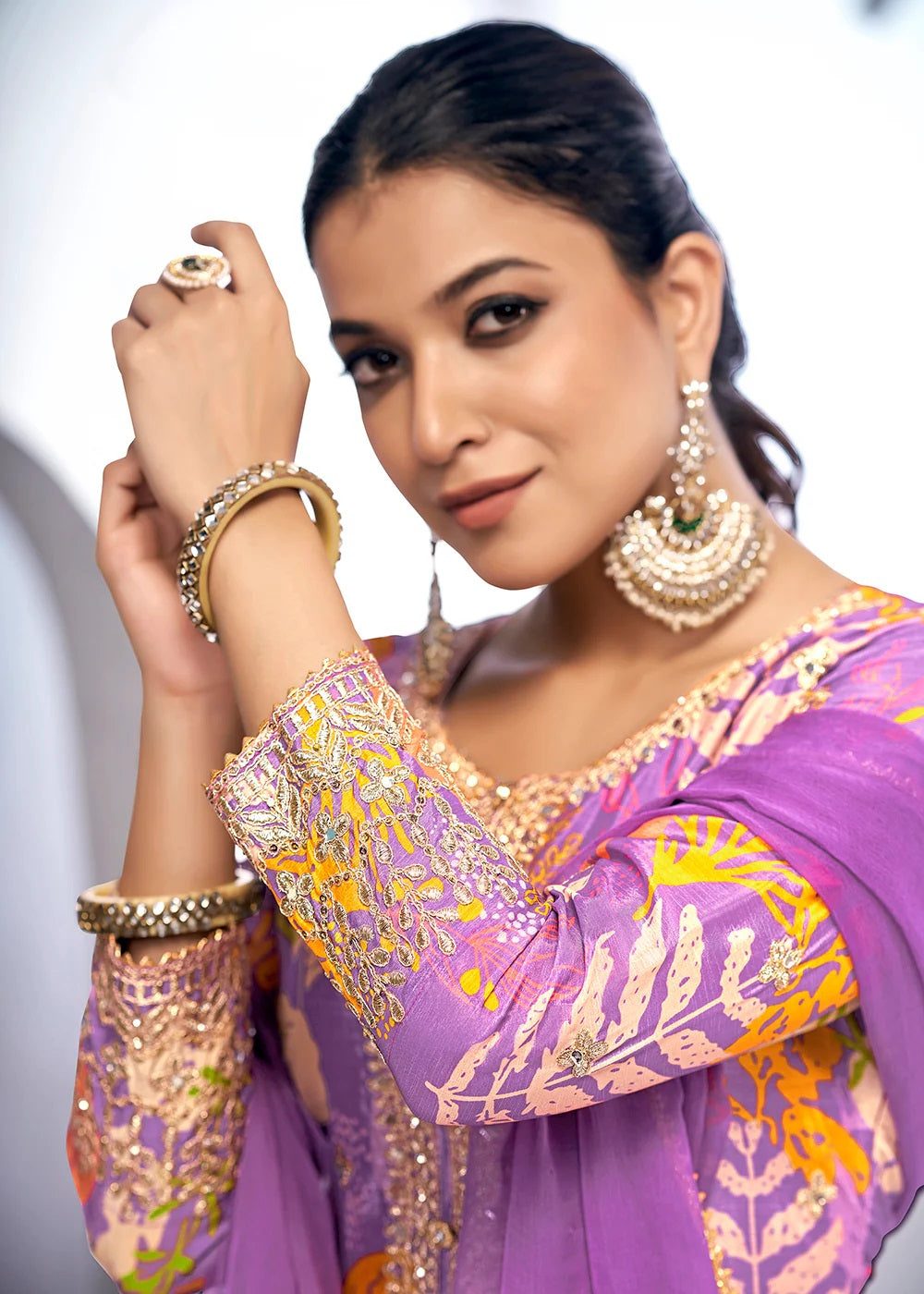 Purple Embroidered & Printed Chinnon Silk Gharara Suit