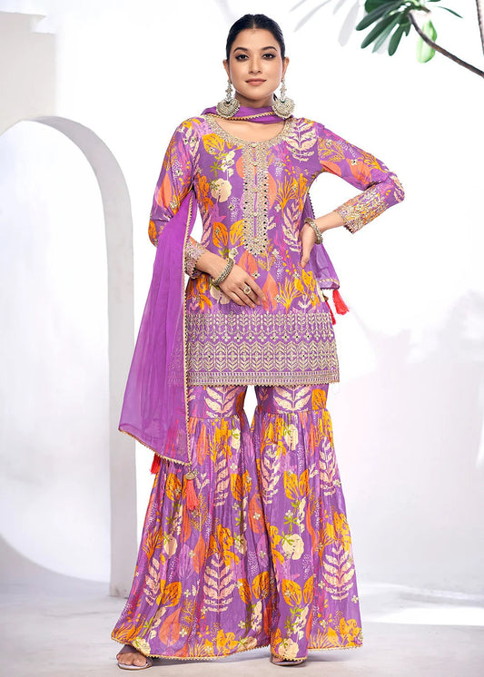 Purple Embroidered & Printed Chinnon Silk Gharara Suit