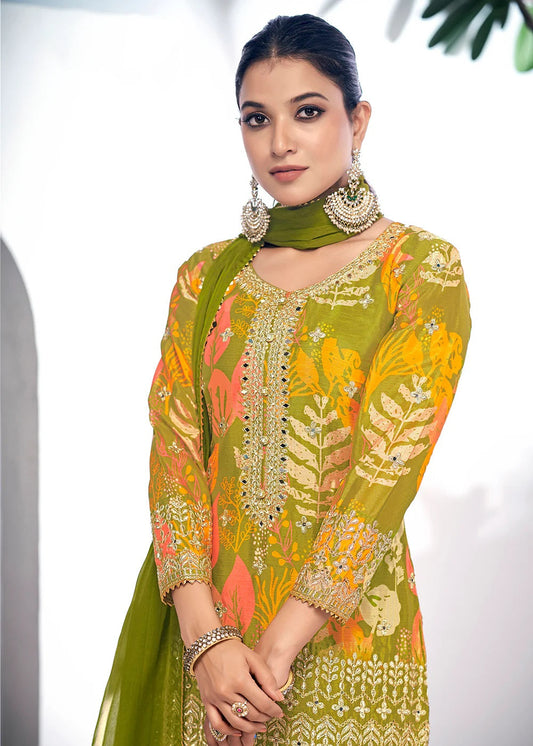 Green Embroidered & Printed Chinnon Silk Gharara Suit