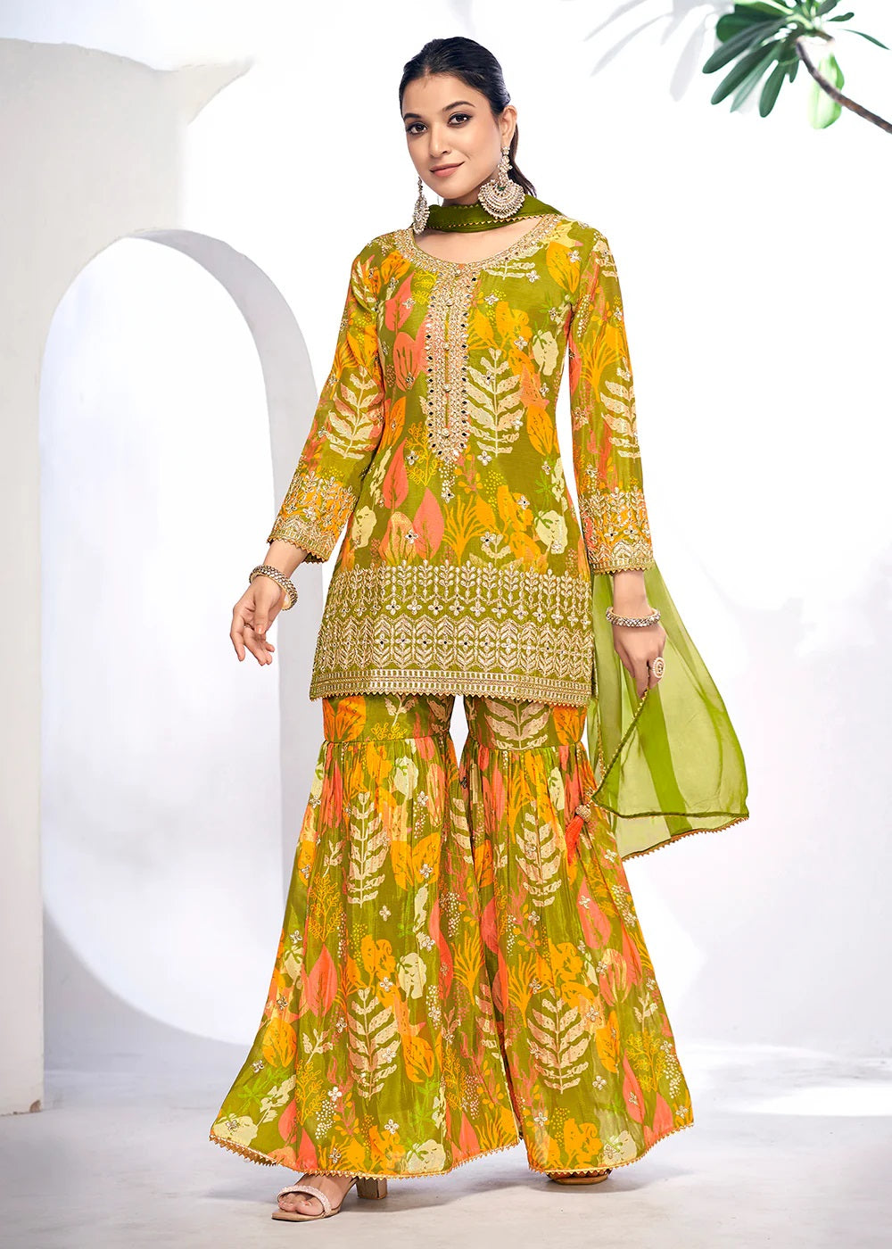Green Embroidered & Printed Chinnon Silk Gharara Suit