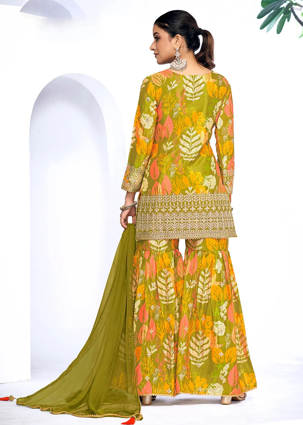 Green Embroidered & Printed Chinnon Silk Gharara Suit
