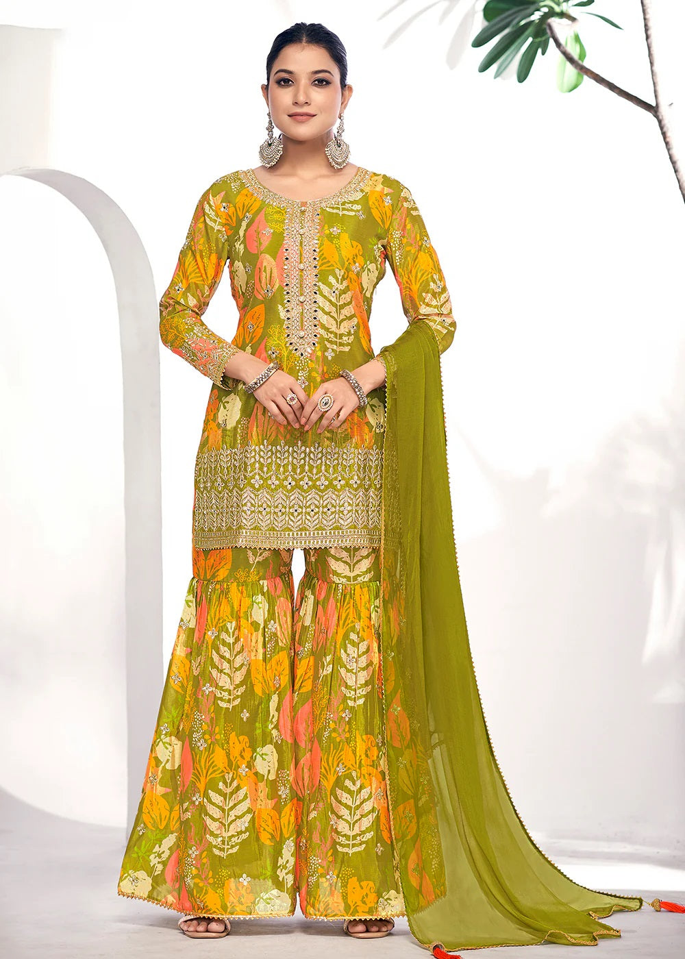 Green Embroidered & Printed Chinnon Silk Gharara Suit