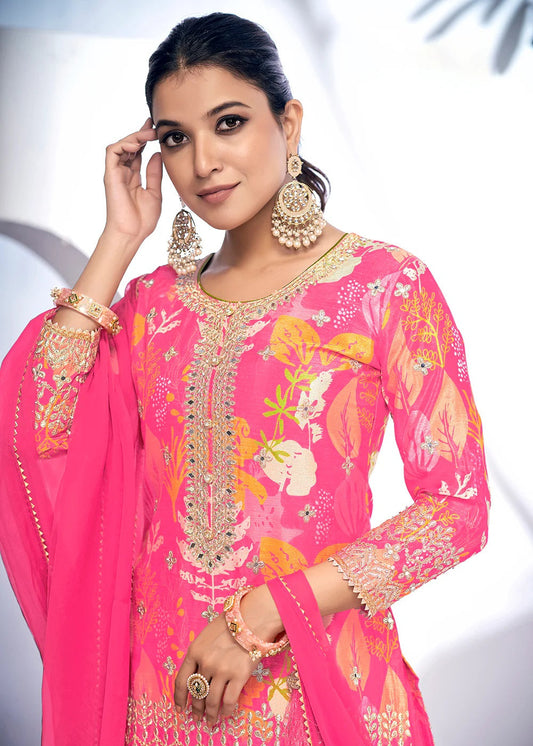 Graceful Glam Pink Embroidered & Printed Chinnon Silk Gharara Suit