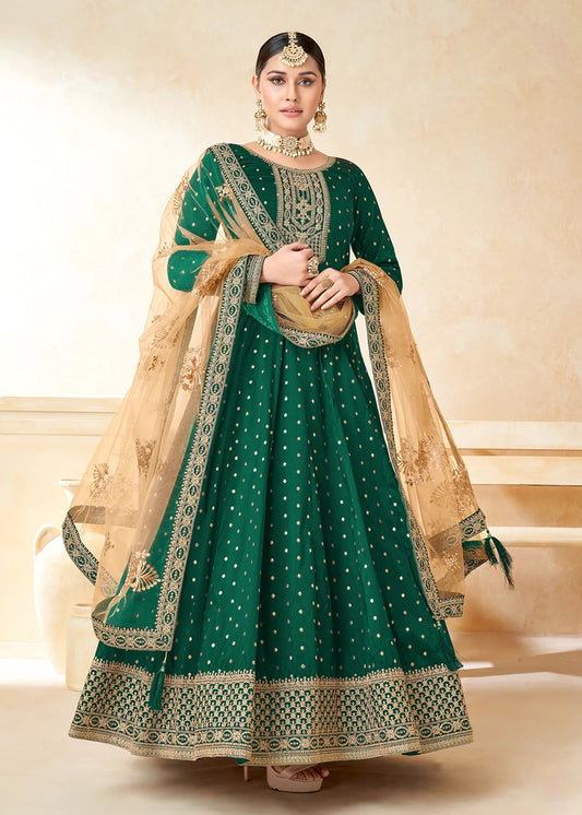 Green Embroidered Tatefa Butti Silk Anarkali Suit