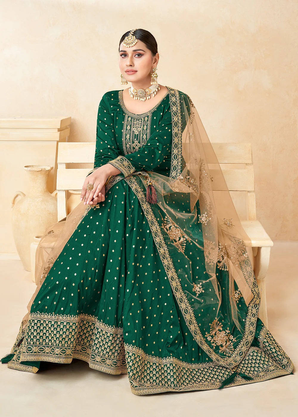 Green Embroidered Tatefa Butti Silk Anarkali Suit