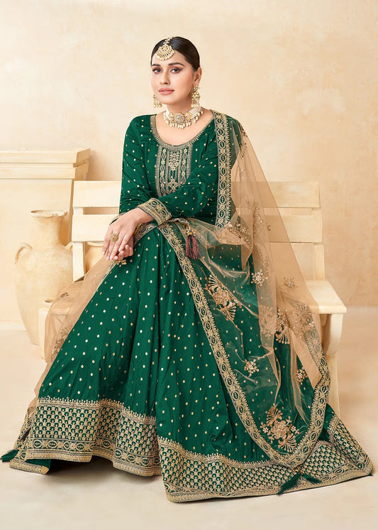 Green Embroidered Tatefa Butti Silk Anarkali Suit