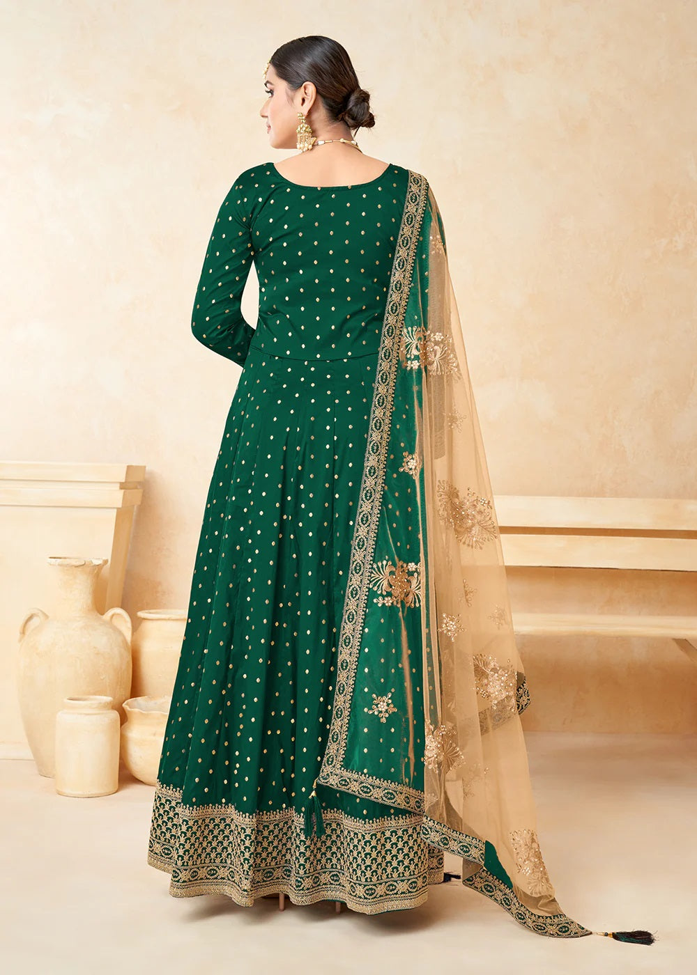 Green Embroidered Tatefa Butti Silk Anarkali Suit