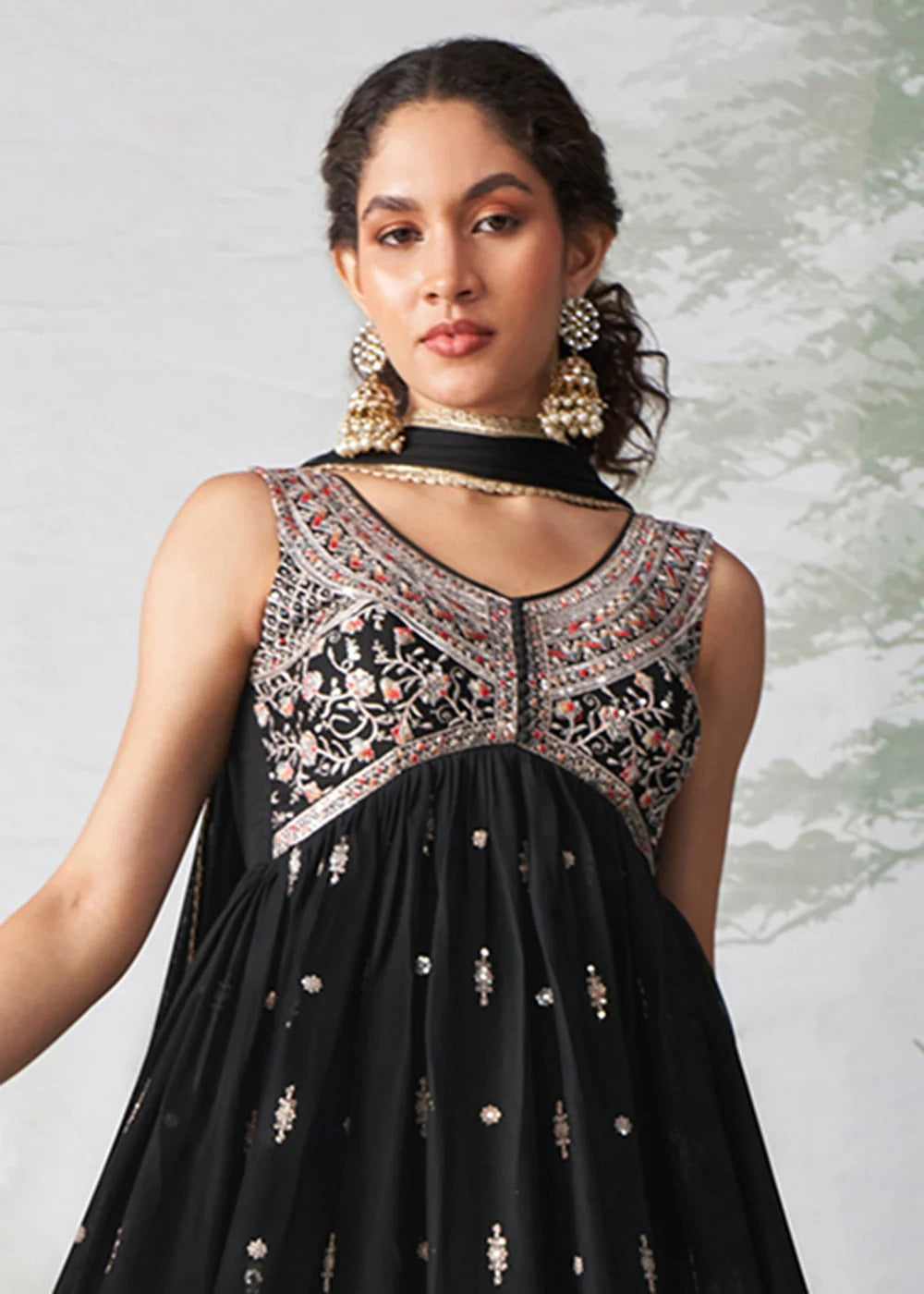Black Multi Thread Embroidered Georgette Anarkali Style Suit