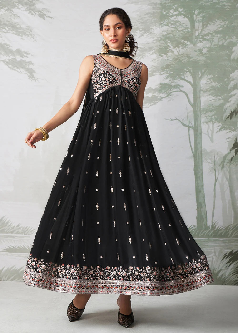 Black Multi Thread Embroidered Georgette Anarkali Style Suit